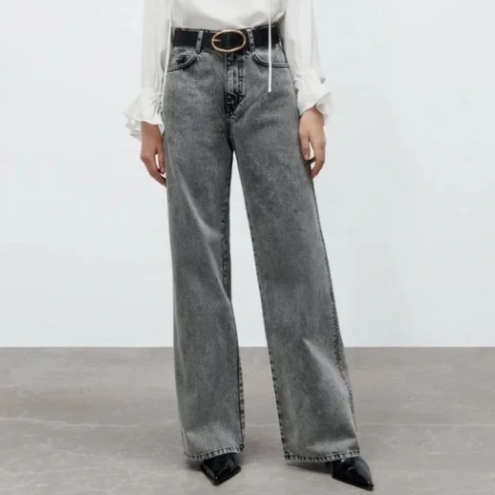 Zara Stone Grey Black High Rise Wide Leg Jeans NWT size 36 (US2)